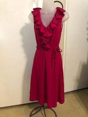 Ralph Lauren Raspberry Ruffle V-Neck Midi Dress